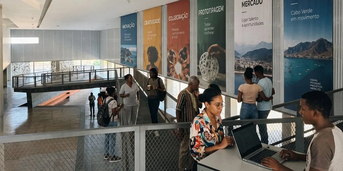 Pessoas a conversar e a trabalhar no átrio do Hub, sob as bandeiras Inovação, Criatividade, Colaboração, Prototipagem, Mercado e Impacto