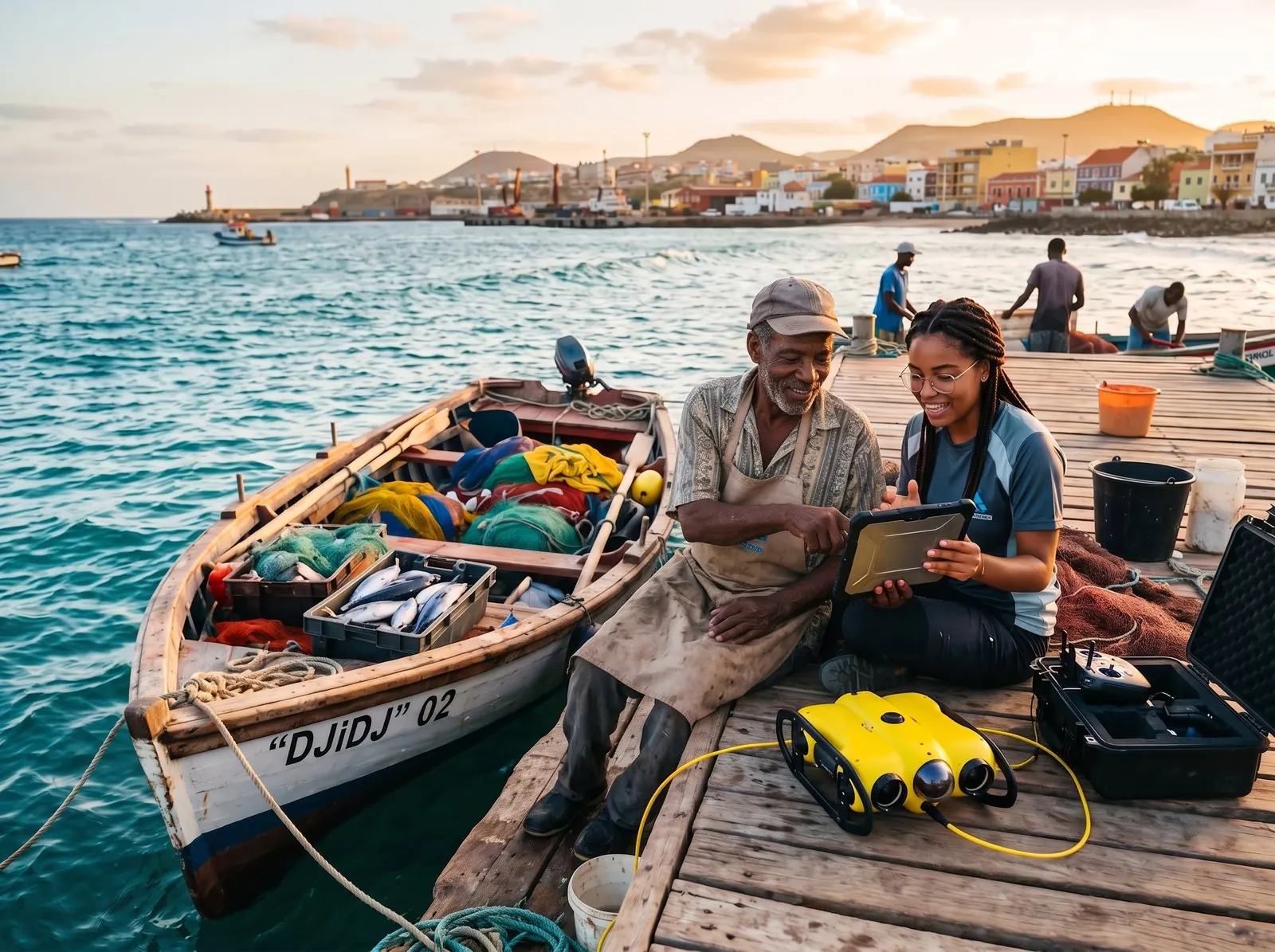 Pescador e engenheira num cais da Praia a ver dados de pesca num tablet, com um drone subaquático
