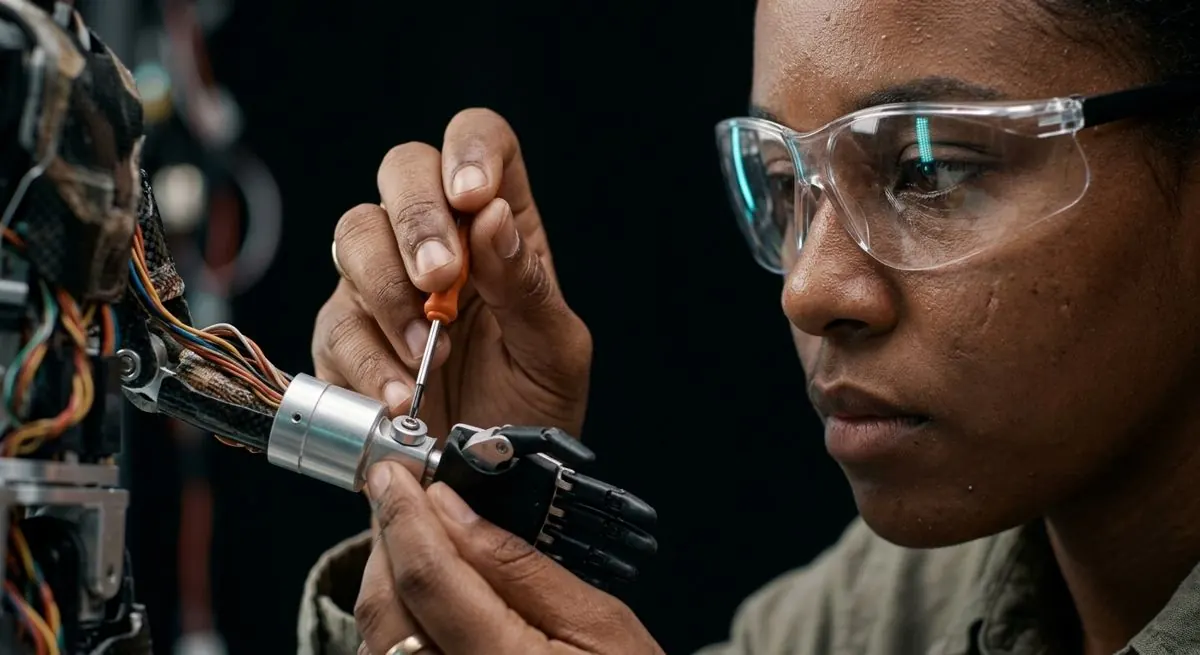 Engenheira a afinar a mão de um robô no Future Lab